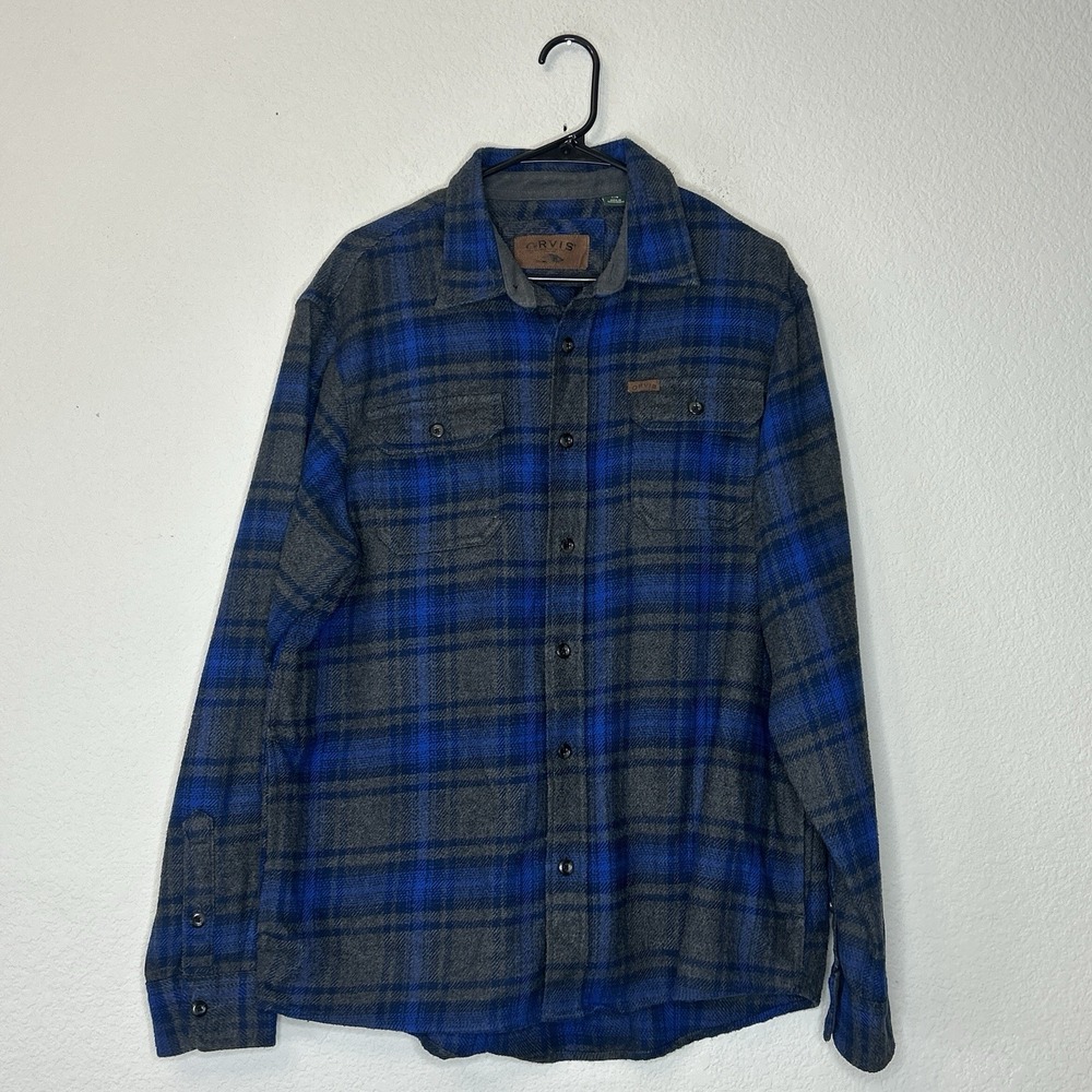 Orvis Heavyweight Flannel Shacket Men's Large Blue Black Plaid Cotton Outdoor L